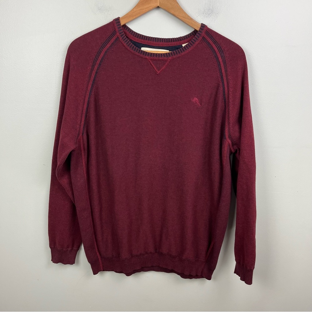 Tommy Bahama Mens Sweater Shirt Large Red Accent Stitching Cotton Marlin Logo